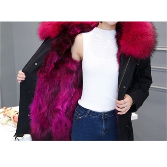 Burgundy Fox/Raccoon Fur Hooded Canvas Coat - Picture 2 of 6